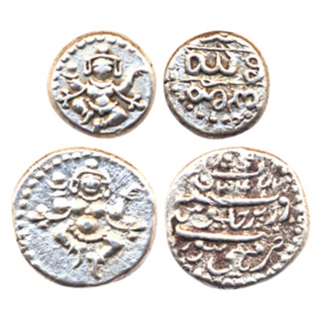 Silver (2), ¼ Rupee and 2/3 Pavli, Dancing Krishna (Kali) type, Mahisoor Mint, AD 1799-181