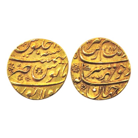Aurangzeb, Gold, Mohur, Solapur Mint, AH 1087 (KM 315.43). Mint name at bottom on rev. Abo