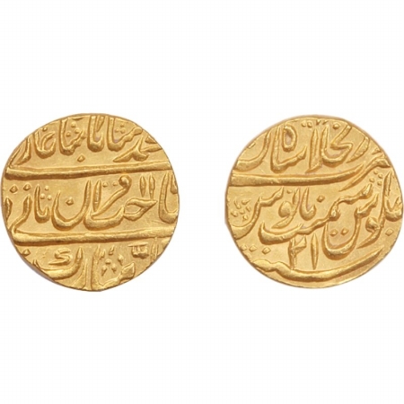 Muhammad Shah, Gold, Mohur R.Y.21, Sahib Kiran type, Shahjahanabad Mint, KM # 438.22 , Ext