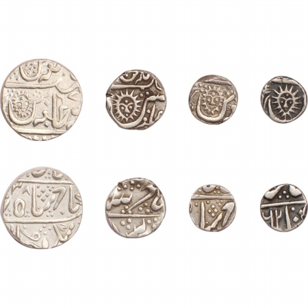Indore, Silver (4) Rupees, 1/2 Rupee, 1/4 Rupee, 1/8 Rupee. Sun Type, Set of 4 Coins , Ver