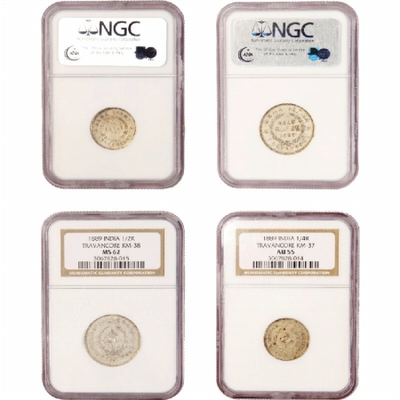 Travancore Silver (2) Rama Varma 1/2 Rupee, date 1889, KM # 38, NGC holder graded Ms 62, 1