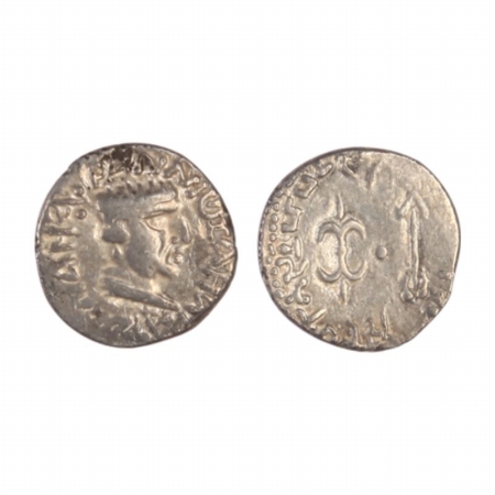 Westeran Kshatrapas, Nahapan, Silver Dramma, (2) Tri-legend Type, With Greek, Brahmi and K