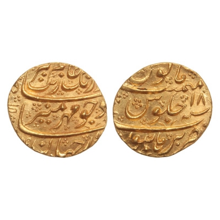 Aurangzeb, Gold Mohur, 11g, Burhanpur Mint, RY 18. (KM 315.16). Lustrous, Extremely Fine, 