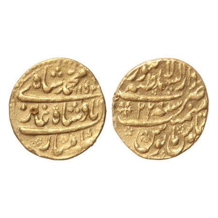 Muhammad Shah, Gold Mohur, 10.90g, Lahore Mint, AH 1152, RY 22. Test mark. (KM 438.15). Ve