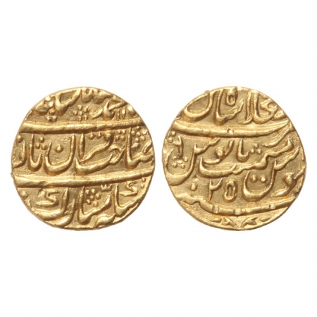 Muhammad Shah, Gold Mohur, 10.87g, Shah Jahanabad Mint, AH 115x, RY 25. (KM 439.4). Very F
