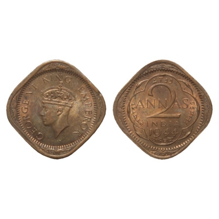 George 6th, Nickel Brass, 2 Annas, 1944, Lahore Mint,(Prid #908) Slight test cut near edge
