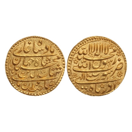 Shah Jahan, Gold Mohur, 11g, Surat Mint, Month Azar, RY 2. (KM 254.6). obv & rev, within d