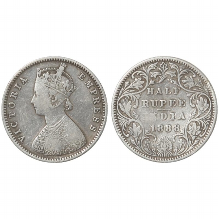 Victoria Empress, Silver 1/2 Rupee, 1888, Bombay Mint, A/II, No mm. (Pr 297) Scarce, About
