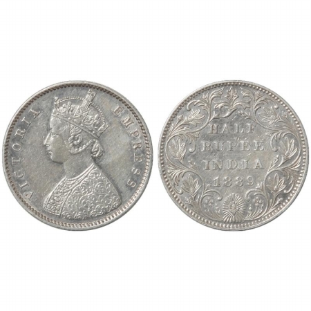 Victoria Empress, Silver 1/2 Rupee, 1889, Bombay Mint, A/II, B raised. (Pr 299) Rare, Abou