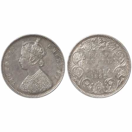 Victoria Empress, Silver 1/2 Rupee, 1892, Bombay Mint, A/I, B incuse. (Pr 302) Extremely F