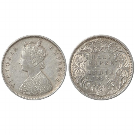 Victoria Empress, Silver 1/2 Rupee, 1892, Calcutta Mint, A/I, C incuse. (Pr 276) Very Fine