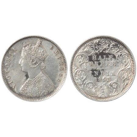 Victoria Empress, Silver 1/2 Rupee, 1893, Calcutta Mint, A/I, C incuse.(Pr 277) Rare, Very