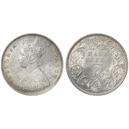 Victoria Empress, Silver 1/2 Rupee, 1897, Calcutta Mint, A/I, C incuse. (Pr 280) Scarce, E