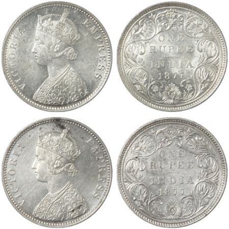 Victoria Empress, Silver Rupee (2), 1877, Bombay Mint, A2/II/dot and 1877, Bombay Mint, A3