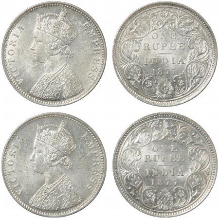 Victoria Empress, Silver Rupee (2), 1877, Bombay Mint, A3/II/dot and 1877, Bombay Mint, A6