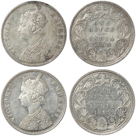 Victoria Empress, Silver Rupee (2), 1883, Bombay Mint, A3/I/dot and 1883, Bombay Mint, A3/