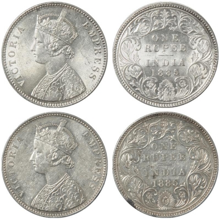 Victoria Empress, Silver Rupee (2), 1885, Calcutta Mint, A1/I, C incuse and 1885, Bombay M