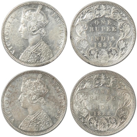 Victoria Empress, Silver Rupee (2), 1887, Bombay Mint, C2/I, B incuse (Inverted) and 1888,