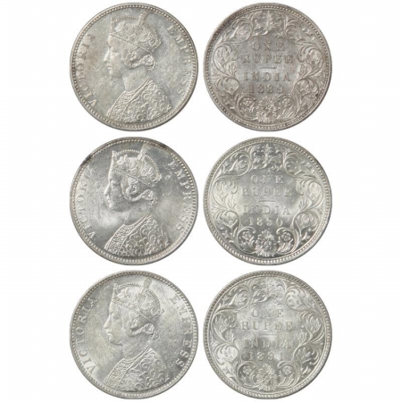 Victoria Empress, Silver Rupee (3), 1889, Bombay Mint, C2/I, B incuse, 1890, Bombay Mint, 