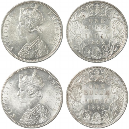 Victoria Empress, Silver Rupee (2), 1892, Bombay Mint, C2/I, B incuse and 1893, Bombay Min