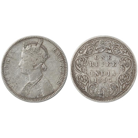 Victoria Empress, Silver Rupee, 1897, C2/I, B incuse, Bombay Mint. Very Fine, Rare.