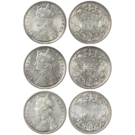 Victoria Empress, Silver Rupee (3), 1900, Calcutta Mint, C3/I, C incuse, 1901, Calcutta Mi