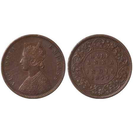 Victoria Empress, Copper Half Anna, 1877, Bust C, Calcutta Mint. Very Fine +, Scarce.