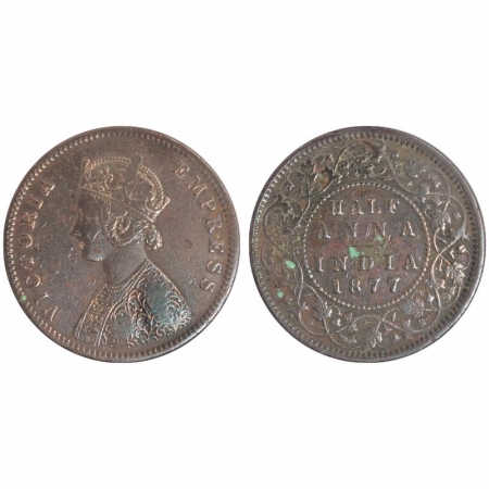 Victoria Empress, Copper Half Anna, 1877, Bust C, Calcutta Mint. Fine +.