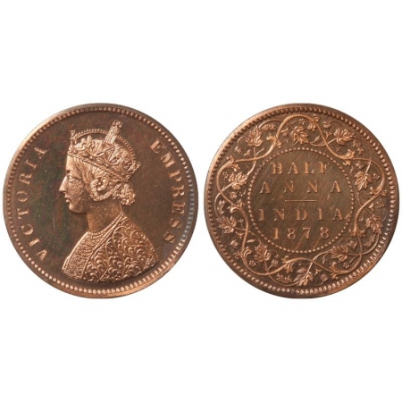 Victoria Empress, Copper Half Anna Proof, 1878, Calcutta Mint, restrike proof. (Pr 587) Ve