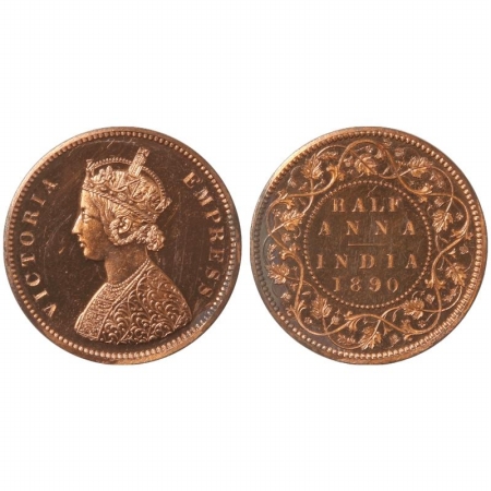 Victoria Empress, Copper Half Anna Proof, 1890, Calcutta Mint, restrike proof. (Pr 590) Ve