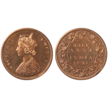 Victoria Empress, Copper Half Anna Proof, 1891, Calcutta Mint, restrike proof. (Pr 591) Ve