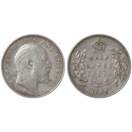 Edward VII, Silver 1/2 Rupee, 1909, Calcutta Mint. (Pr 313) Rare Very Fine