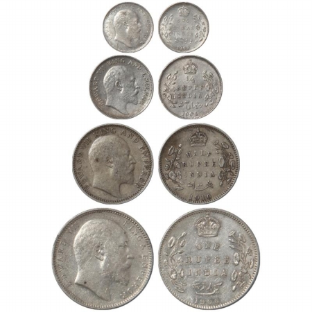 Edward VII, Silver (4), Two Annas, 1/4 Rupee, 1/2 Rupee and Rupee, 1906 BM, 1910 CM and 19