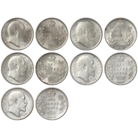 Edward VII, Silver Rupee (5), 1904, 1906, 1907, 1909 and 1910. All Calcutta Mint. (Pr 190,