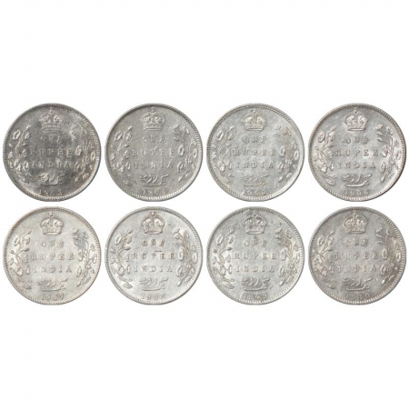 Edward VII, Silver Rupee (8), 1903 to 1910, All Bombay Mint.(Pr 199 to 206). (8 coins) Sca