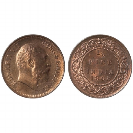 Edward VII, Copper 1/2 Pice, 1908, Calcutta Mint. UNC, Rare.