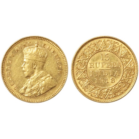 George V, Gold 15 Rupees, 1918, Bombay Mint. (Pr 25) Rare, About Extremely Fine