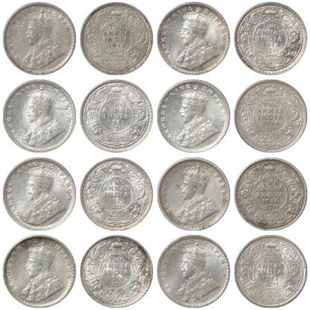 George V, Silver Two Annas (8), 1912 BM, 1912 CM, 1913 BM, 1914 BM, 1915 BM, 1915 CM, 1916