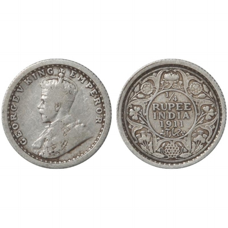 George V, Silver 1/4 Rupee, 1911, Pig type, Calcutta Mint.(Pr 440) Very Rare, About Very F