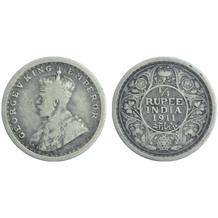 George V, Silver 1/4 Rupee, 1911, Pig type, Calcutta Mint. (Pr 440) Very Rare, Very Fine.
