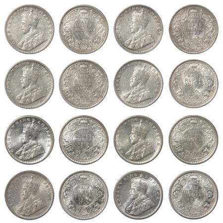 George V, Silver 1/2 Rupee (8), 1912, 1914, 1917, 1919, 1924, 1926, 1928 and 1936, All Bom