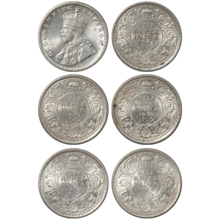 George V, Silver 1/2 Rupee (5), 1912, 1930, 1933, 1934 and 1936, All Calcutta Mint. (Pr 32