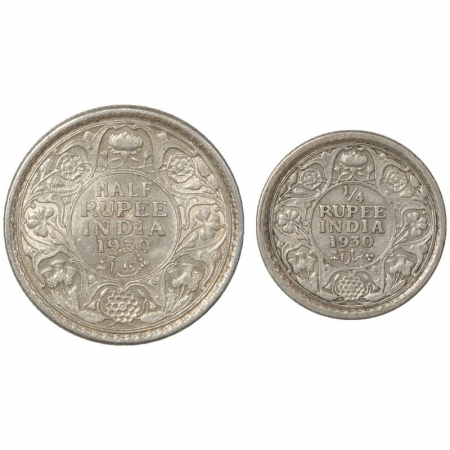 George V, Silver (2), 1/2 Rupee and 1/4 Rupee, 1930, Calcutta Mint. (Pr 332 and 451).(2 co