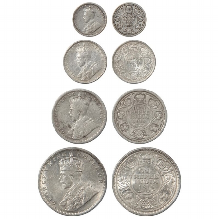 George V, Silver (4), Two Annas, 1/4 Rupee, 1/2 Rupee and Rupee, 1915. (4 coins) Rare as a