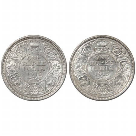 George V, Silver Rupee (2), 1915, Bombay Mint and 1915, Calcutta Mint. (Pr 221 and 211). (