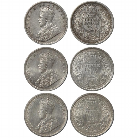 George V, Silver Rupee (3), 1911, Calcutta Mint, 1921, Bombay Mint, and 1922, Bombay Mint.