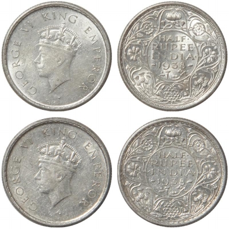 George VI, Silver 1/2 Rupee (2), 1938, Bombay Mint. (Pr 351). (2 coins) Scarce, Extremely 
