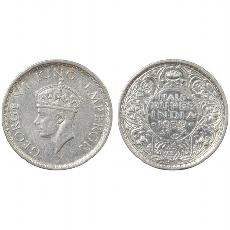George VI, Silver 1/2 Rupee, 1939, Calcutta Mint, head type II. (Pr 364) Rare, Extremely F