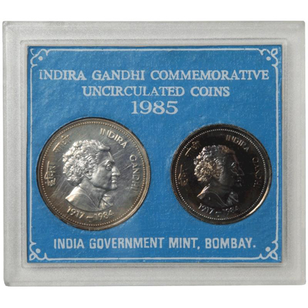 1985, UNC Set of 2 coins, 20 and 100 Rs. Indira Gandhi, Bombay Mint. Scarce.