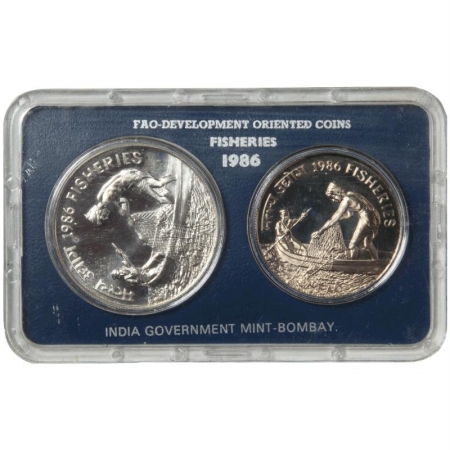 1986, UNC Set of 2 coins, 20 and 100 Rs. Fisheries, Bombay Mint. Scarce.